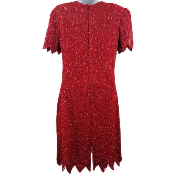 Vintage Laurence Kazar Red Beaded Dress | Short-Sleeved with Scalloped Hem | Tag - Picture 2 of 3